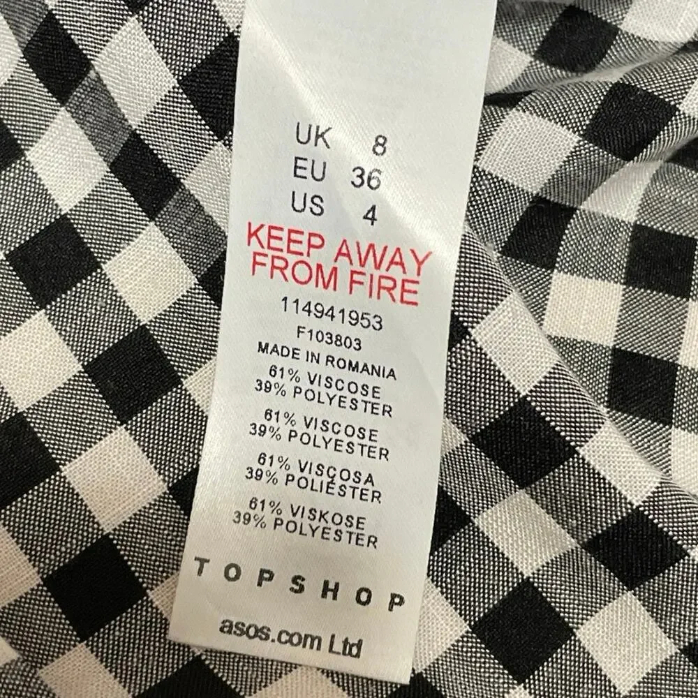 Topshop Women's Black Gingham Check Button Down High Waist Pencil Mini Skirt 4